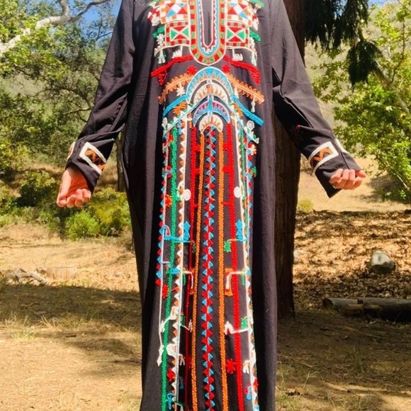 Embroidered Bohemian Style Egyptian Cotton Long Sleeve Maxi Dress Caftan XL - Picture 1 of 13